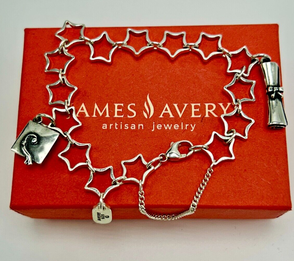 James Avery Sterling Silver Star Bracelet 7.5" w Graduation Cap & Diploma Charms